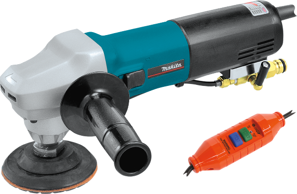Makita 4 inch Electronic Wet Stone Polisher with a black body, blue accents, and an attached power cord.