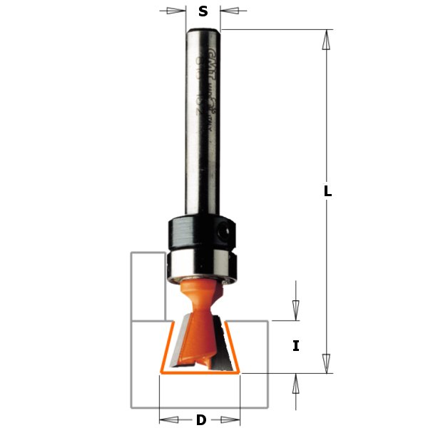 CMT 818.087.11B Solid Carbide Dovetail Bit w/Bearing 11/32" A=7° S=1/4"