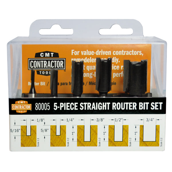 CMT 80005 5 Pc Straight Router Bit Set S=1/4" D=1/8"-1/4"-3/8"-1/2"-3/4"