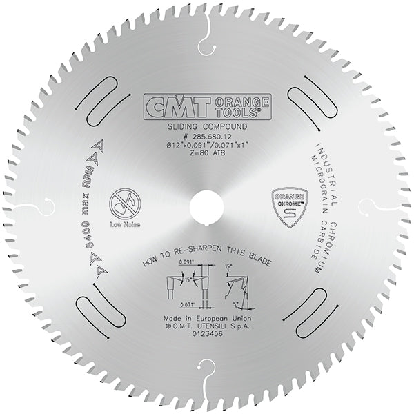 CMT 285.680.12 Chrome Fine Finish Sliding Compound Saw Blade 12" x 1" T80 ATB