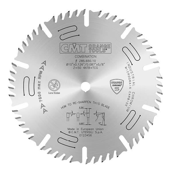 CMT 285.650.10 Chrome Combination Saw Blade 10" x 5/8" T50 ATB+TCG