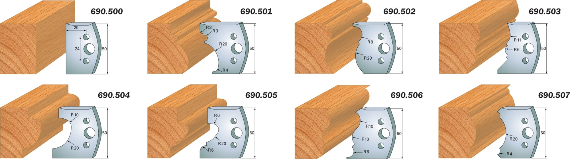 CMT 690.500 Profile Knives For Insert Shaper System 1-31/32" x 5/32" (50x4mm) 2Pk