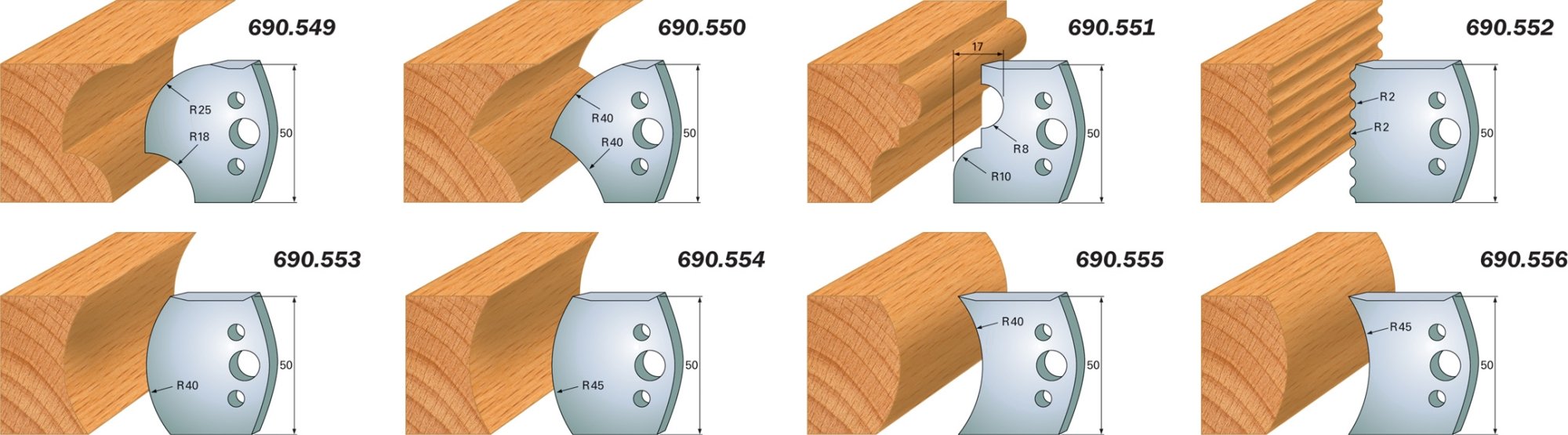 CMT 690.554 Profile Knives For Insert Shaper System 1-31/32" x 5/32" (50x4mm) 2Pk