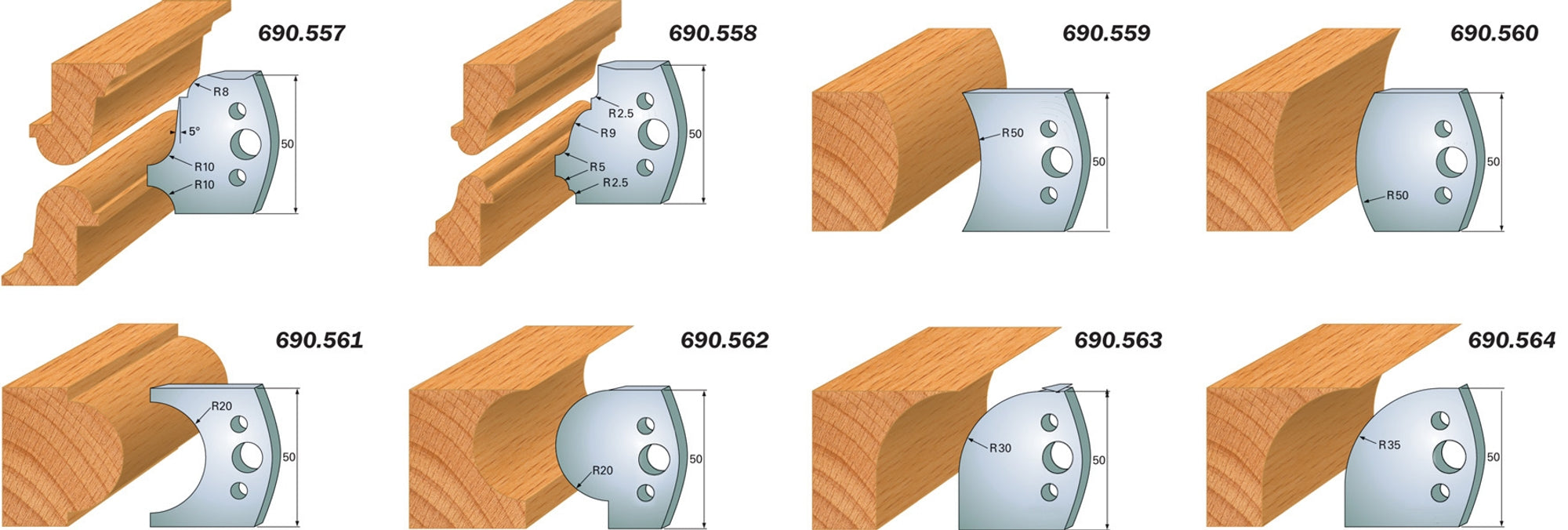CMT 690.557 Profile Knives For Insert Shaper System 1-31/32" x 5/32" (50x4mm) 2Pk