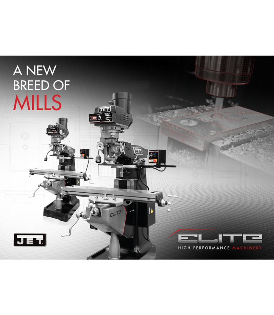 JET Elite EVS-949 Mill with 3-Axis ACU-RITE 203 (Quill) DRO and X, Y, Z-Axis JET Powerfeeds and USA Made Air Draw Bar - 894322