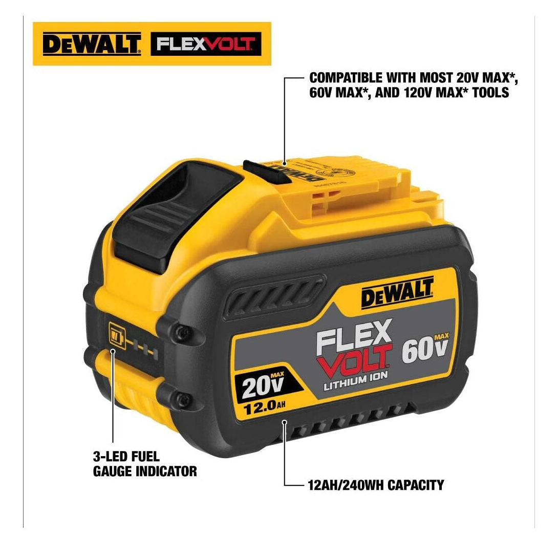 DeWalt FlexVolt 20V 12.0Ah lithium-ion cordless battery shown on a white background with callout labels pointing to the top release latch, fuel gauge indicator, and 12Ah/240Wh capacity.