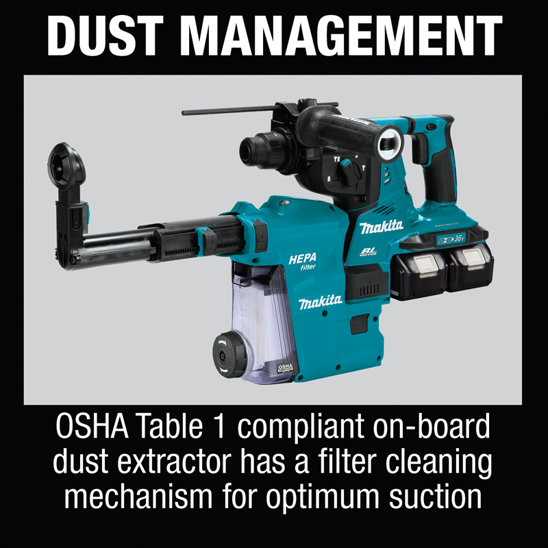 Makita 18V X2 LXT 1-1/8" AVT Rotary Hammer Kit w/HEPA Dust Extractor SDS-PLUS