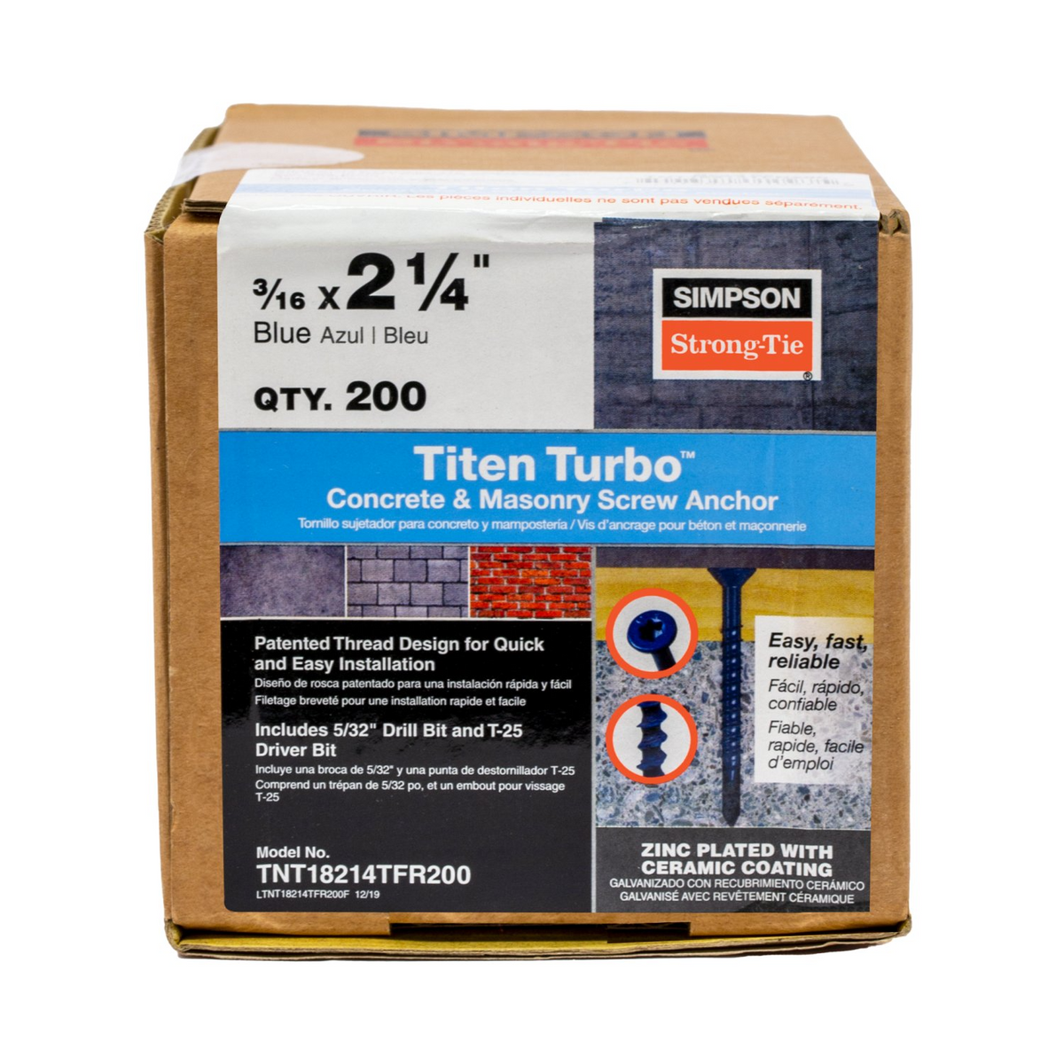 Simpson TNT18214TFC75 3/16 x 2-1/4 Flat Titen Turbo Screw Anchor