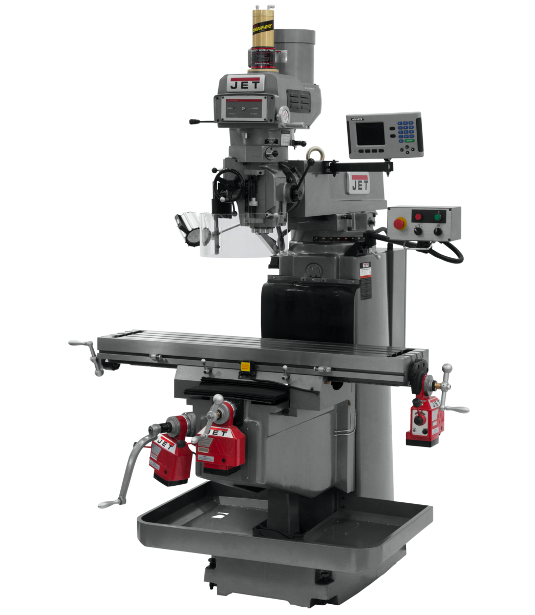 698054, JTM-1254VS, Jet, Metalworking, Milling, Vertical Mills, NT-40, Acu-Rite 203 2-Axis DRO X, Y & Z-Axis Powerfeeds and Air Power Drawbar