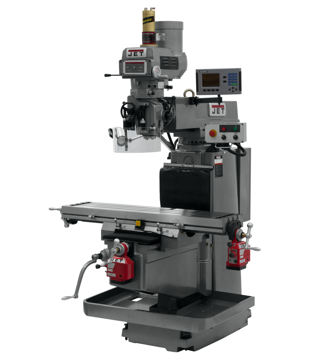 698058, JTM-1254VS, Jet, Metalworking, Milling, Vertical Mills, NT-40, Acu-Rite   203 3-Axis (Knee) DRO,  X & Y  Powerfeed and Air Power Drawbar