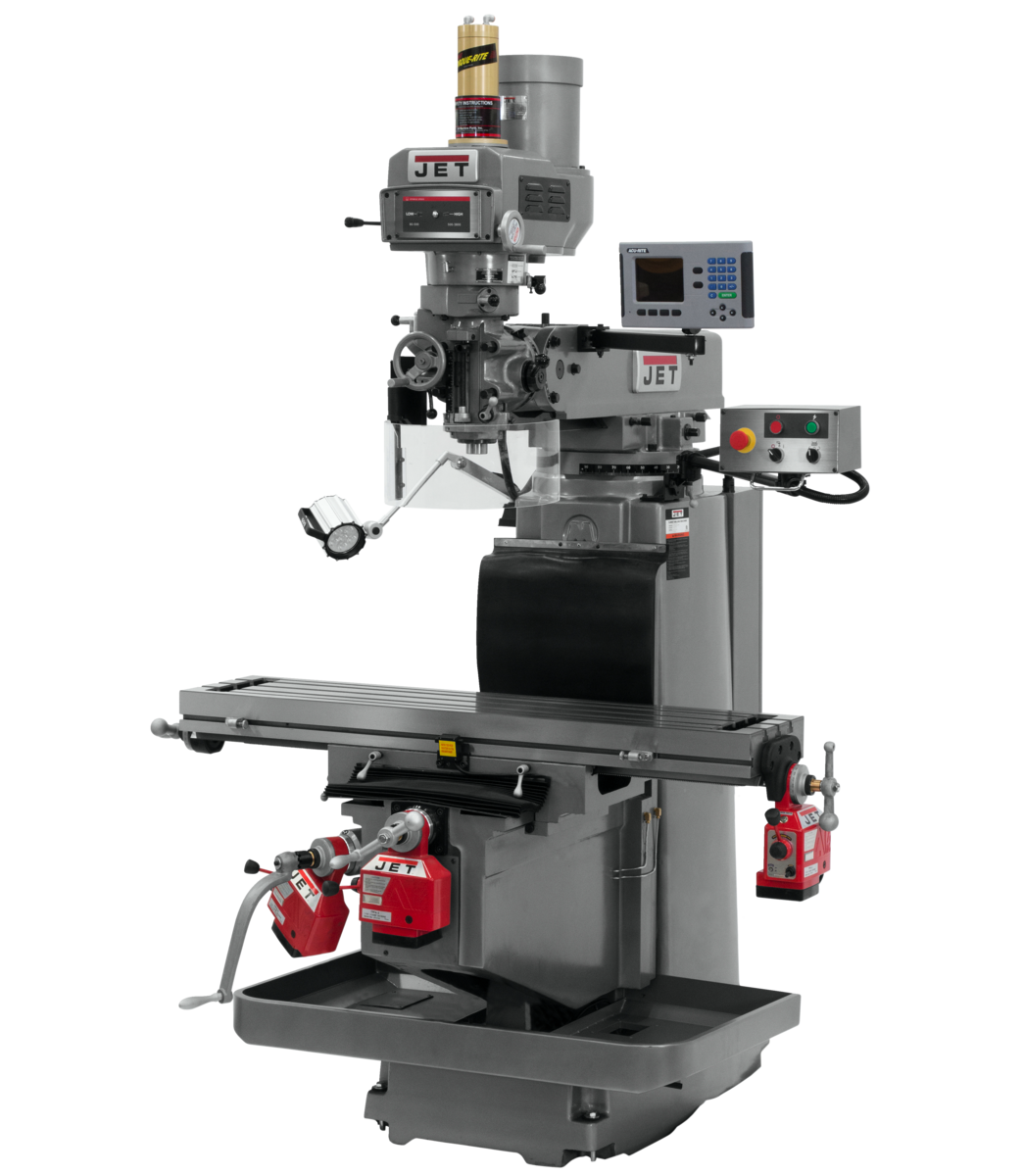 698113, JTM-1254RVS, Jet, Metalworking, Milling, Vertical Mills, R-8, Acu-Rite 203 DRO X,Y& Z Powerfeed and Air Power Drawbar