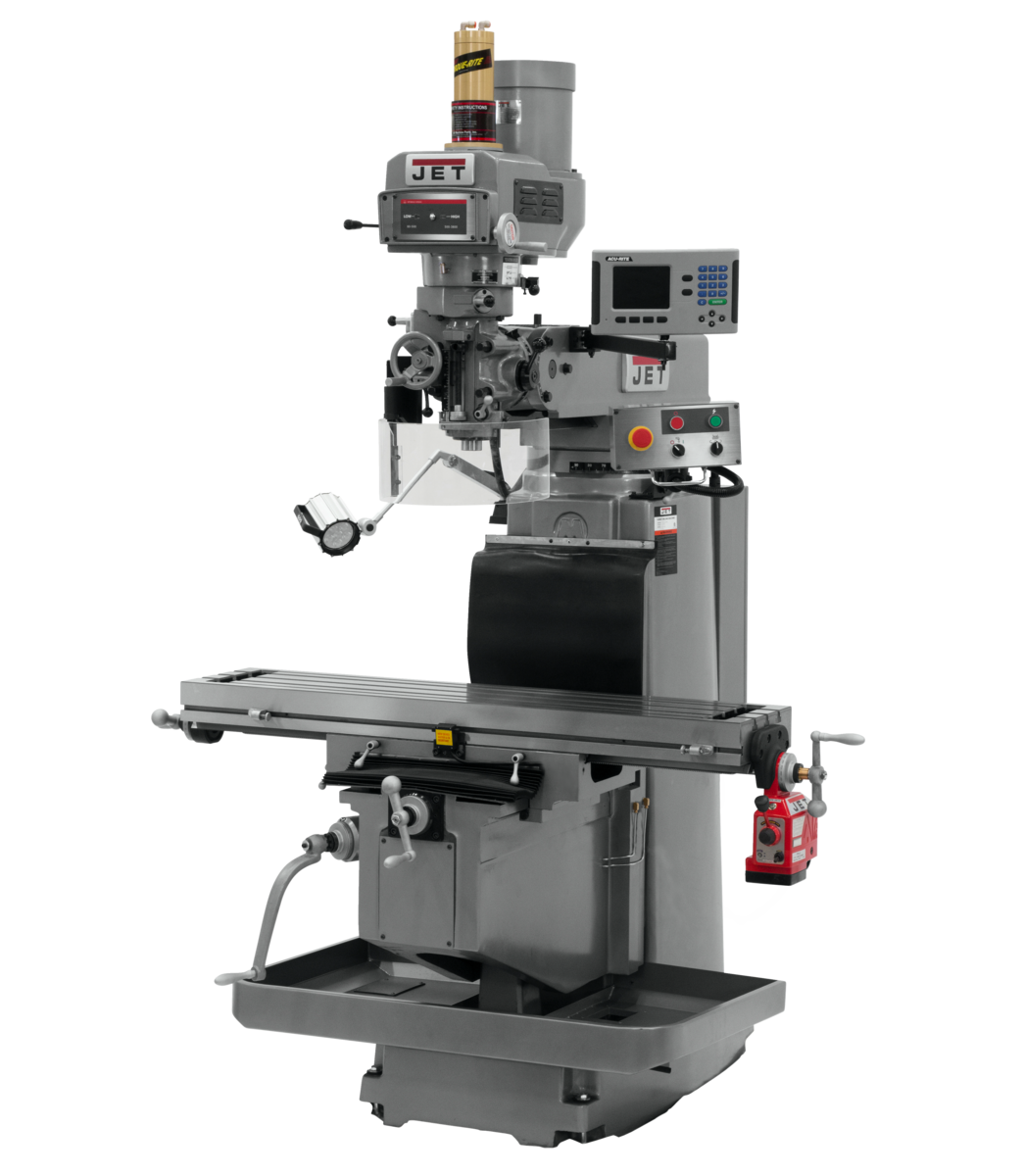 698115, JTM-1254RVS, Jet, Metalworking, Milling, Vertical Mills, R-8, Acu-Rite 203 3-Axis (Knee) DRO,  X Powerfeed and Air Power Drawbar