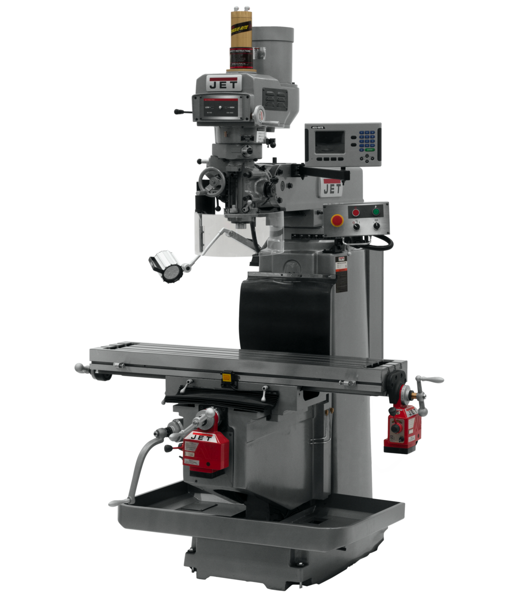 698117, JTM-1254RVS, Jet, Metalworking, Milling, Vertical Mills, R-8, Acu-Rite 203 3-Axis (Knee) DRO,  X & Y  Powerfeed and Air Power Drawbar