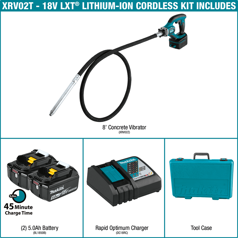 Makita 18V LXT 8' Concrete Vibrator Kit, case 5.0Ah