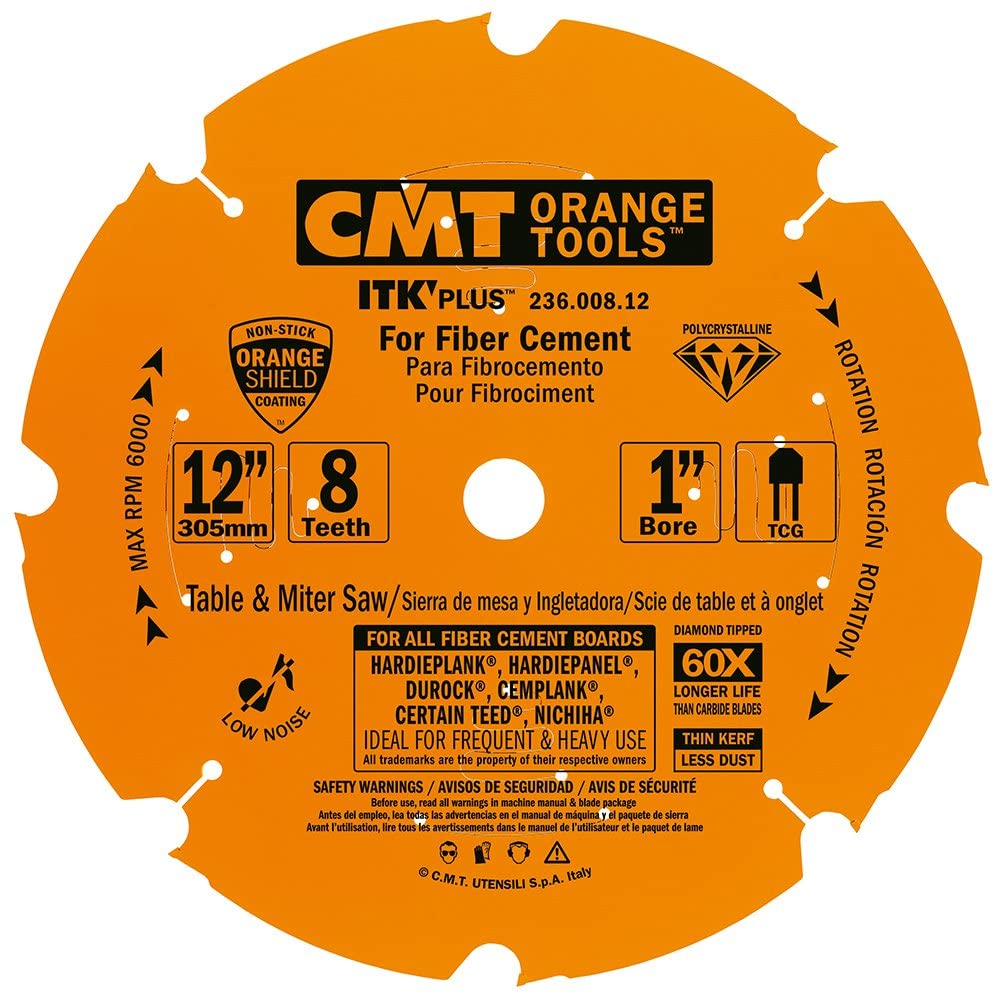 CMT 236.008.12 ITK Plus Diamond Saw Blade for Fiber Cement 12"x1" T8 TCG