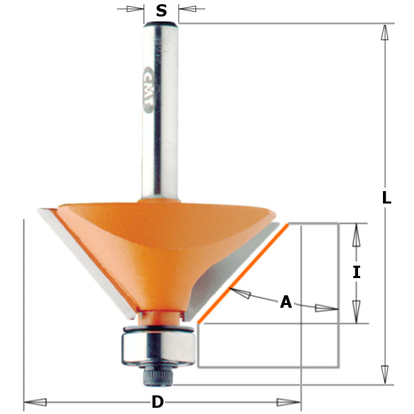 CMT 836.950.11 Chamfer Router Bit 1/2" Shank, 2-9/16" Cutting Diameter, 1" Cutting Length, 45 Degree Cutting Angle