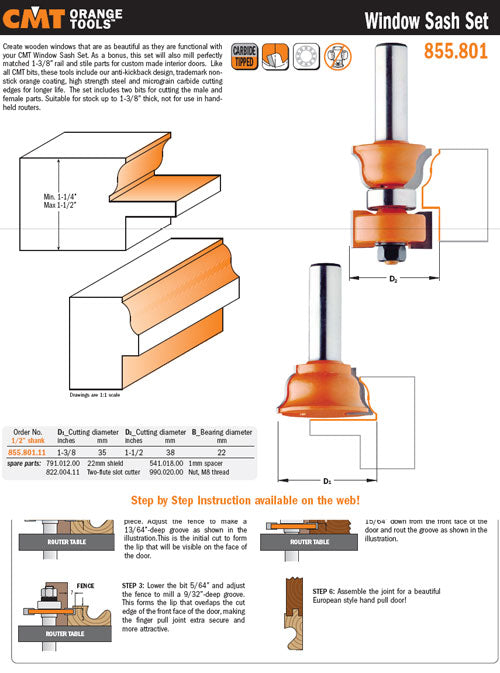 CMT 855.801.11 Window sash router bit sets