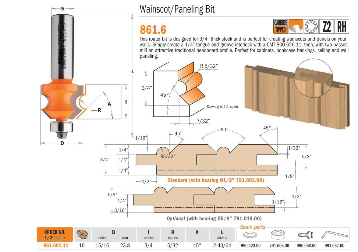 CMT 861.601.11 Wainscot/Paneling Bit with 15/16-Inch Diameter with 1/2-Inch Shank