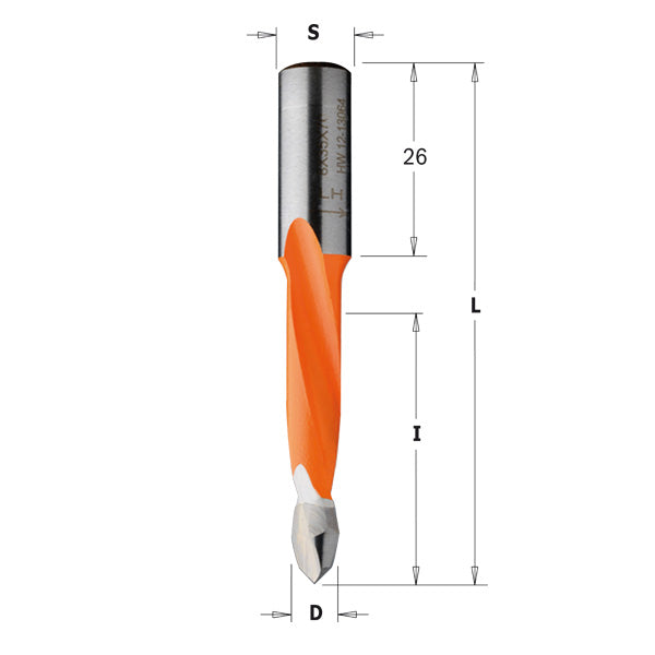 CMT 314.050.42 2 Flute Dowel Drill for Through Holes 5mm (13/64-Inch) Diameter 10x26mm Shank Left-Hand Rotation