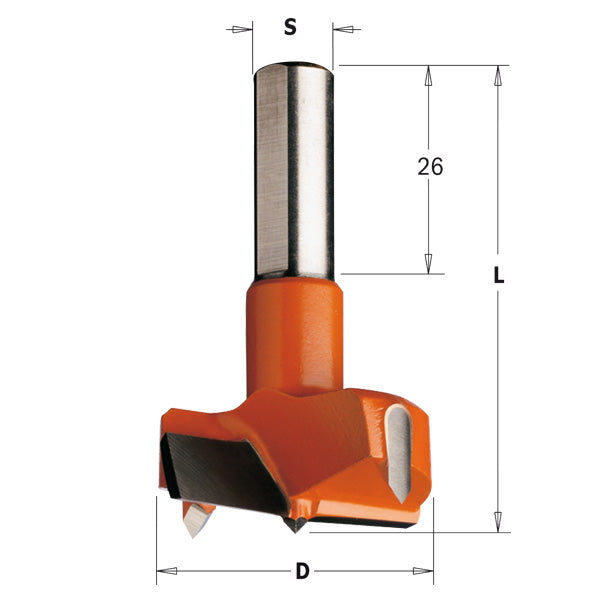 CMT 317.150.11 Hinge Boring Bit, 15mm (19/32-Inch) Diameter, 10x26mm Shank, Right-Hand Rotation