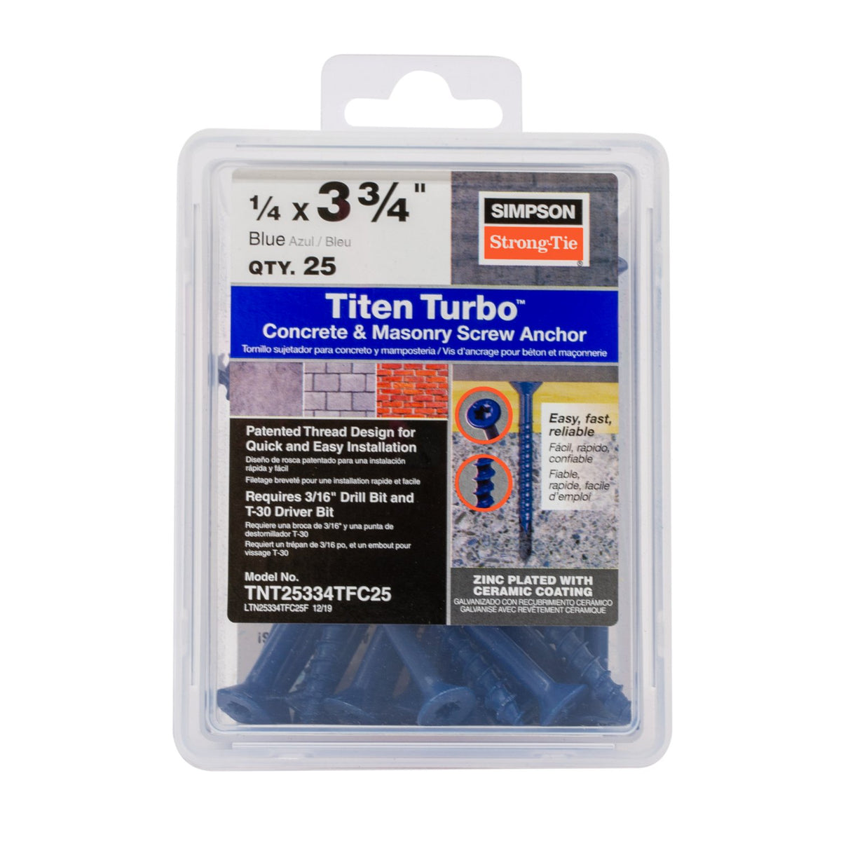 Simpson TNT25334TFC75 1/4 x 3-3/4 Flat Titen Turbo Screw Anchor
