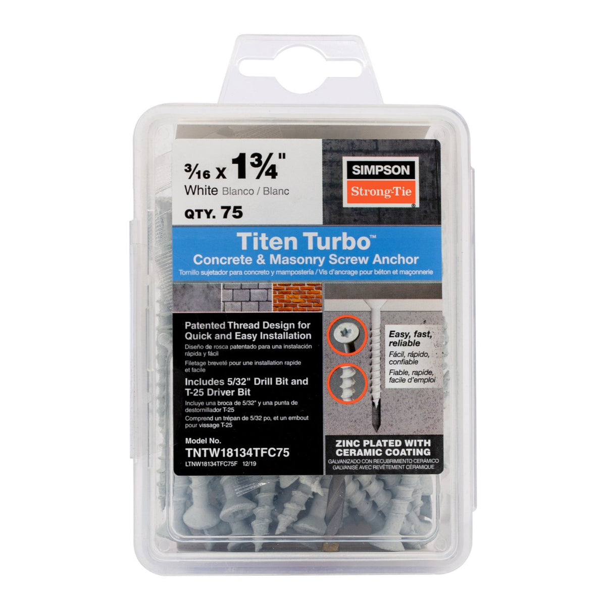 Simpson TNTW18134TFC75 3/16 x 1-3/4 Flat Titen Turbo Screw Anchor White