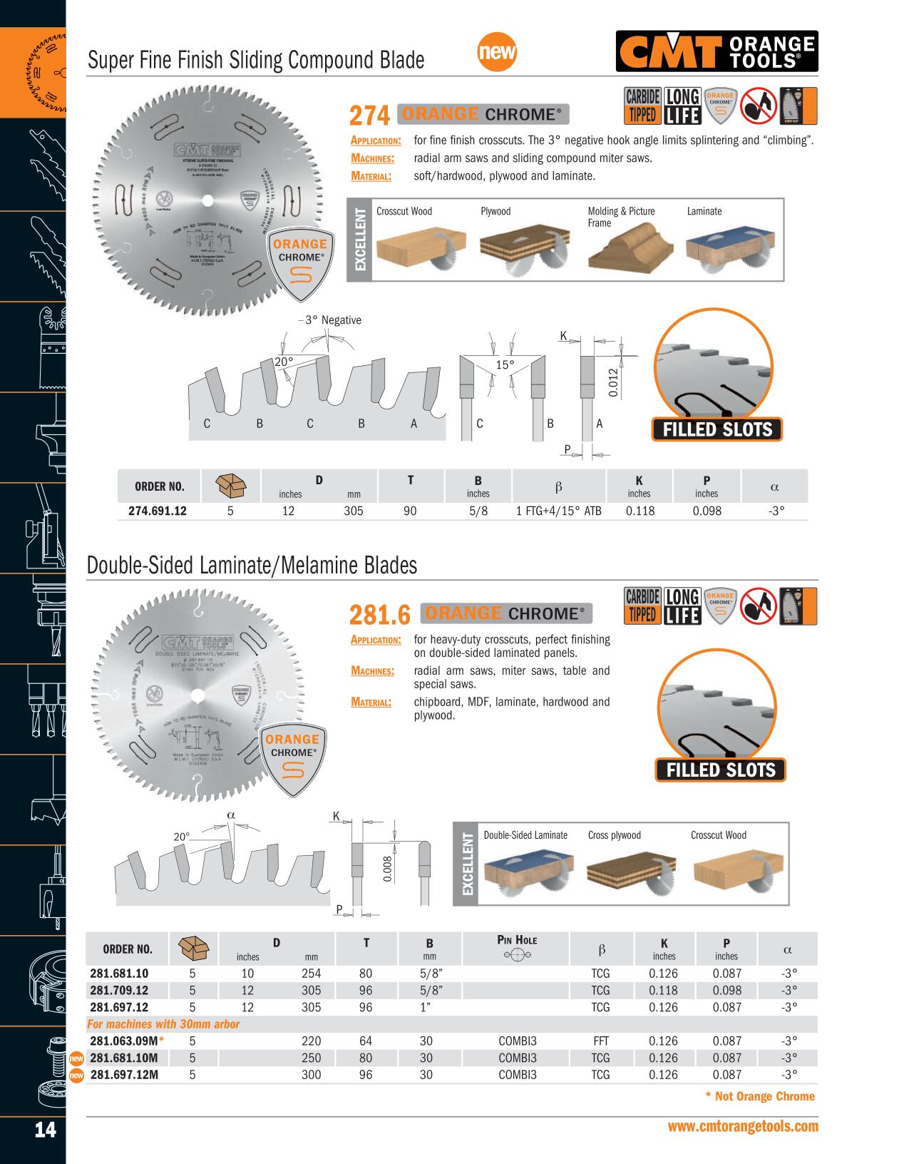 CMT 281.681.10M Orange Chrome Double Sided Laminate /Melamine Blade 250mm X T80 TCG Neg