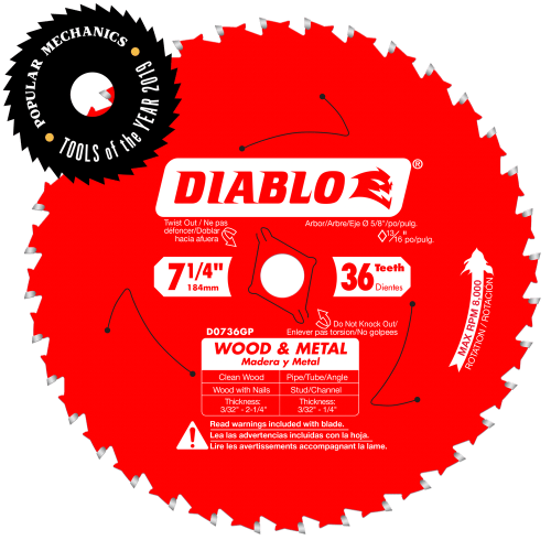 Diablo 7-1/4" x 36T Wood & Metal Carbide Saw Blade D0736GPX