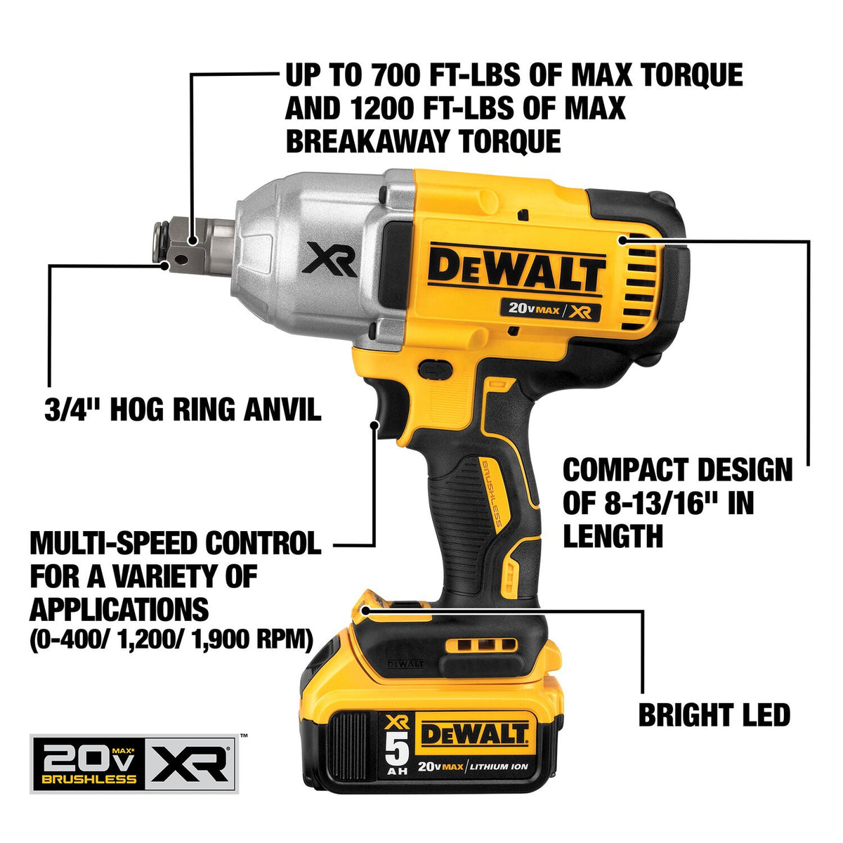 DeWALT 20 V MAX XR Brushless High Torque 3/4-in Impact Wrench Kit DCF897P2