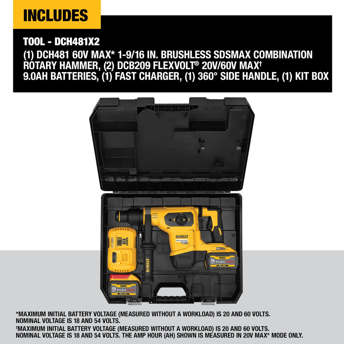 DeWALT FlexVOLT 1-9/16" (40 mm) SDS Max 60 V Combination Hammer Kit DCH481X2