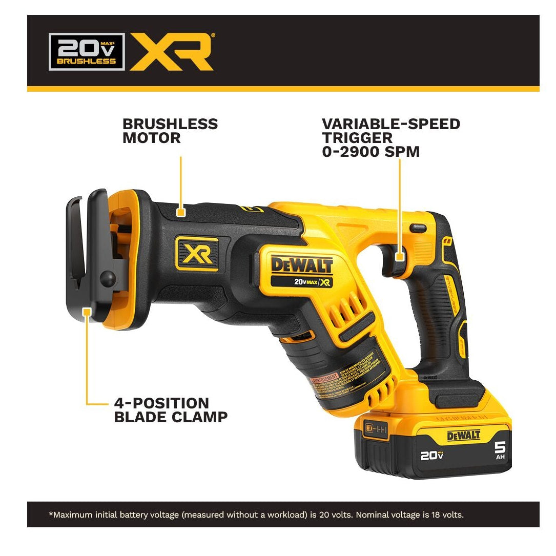 DeWalt XR 20V cordless reciprocating saw with callout labels showing brushless motor, variable-speed trigger, and 4-position blade clamp on a white background.