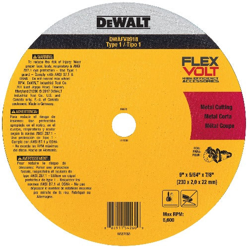 DeWALT FlexVOLT 9" x 5/64" x 7/8 Ceramic Metal Cutoff Wheel DWAFV8918