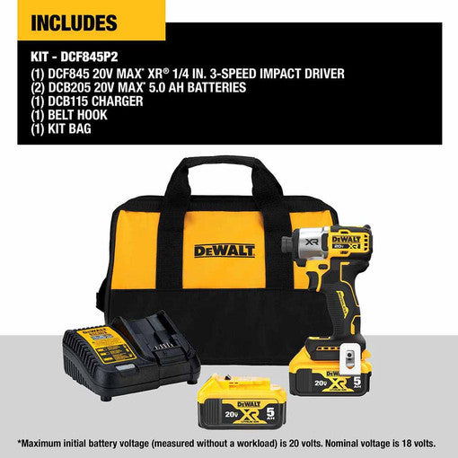 DeWalt DCF845P2 20V MAX XR 1/4" 3-Speed Impact Driver Kit