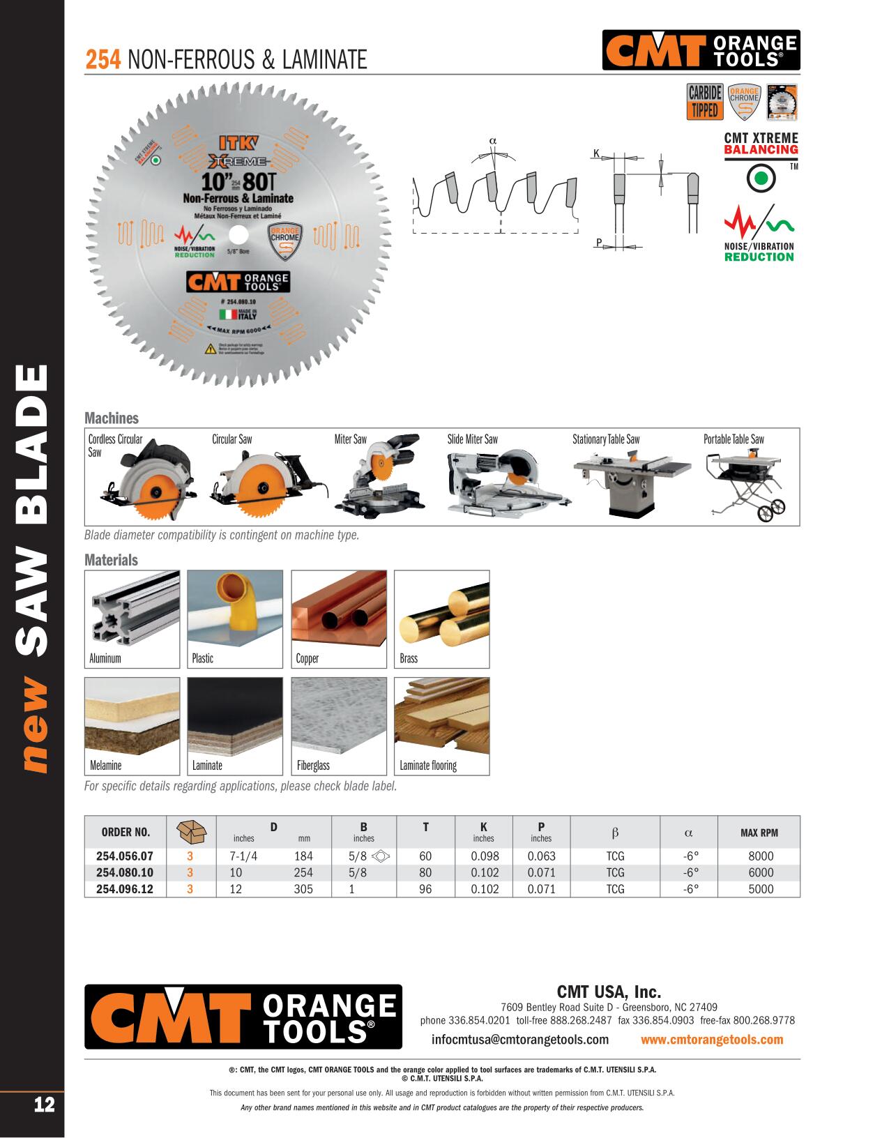 CMT 254.056.07 ITK Industrial Non-Ferrous Metal and Melamine Blade and 7-1/4-Inch Diameter by 56 Teeth with 5/8-Inch Bore PTFE-Coated