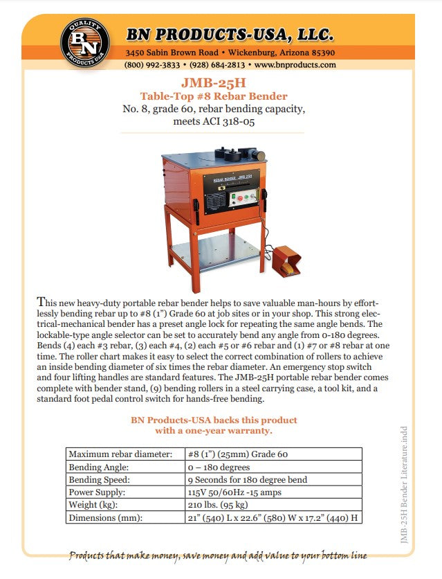 BN JMB-25H Heavy Duty Table-Top #8 Rebar Bender