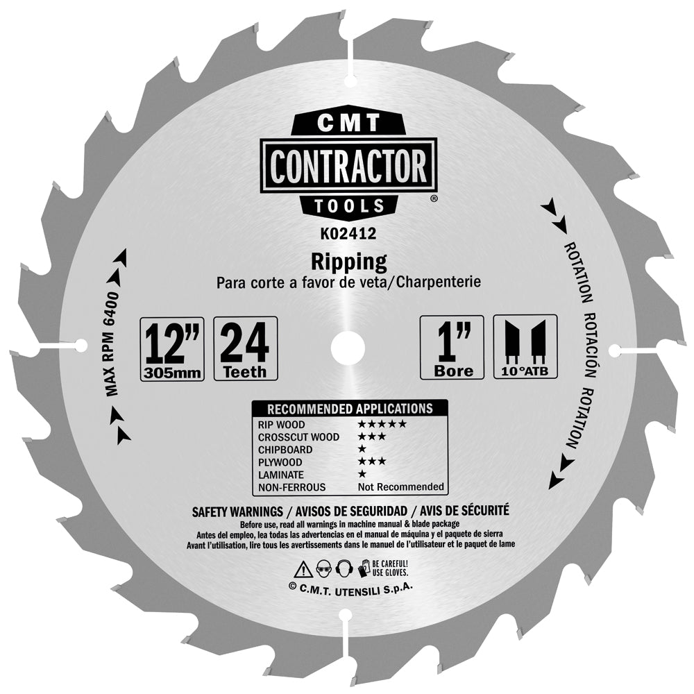 CMT K02412 ITK Contractor Saw Blade Ripping 12" x 1" T24 ATB