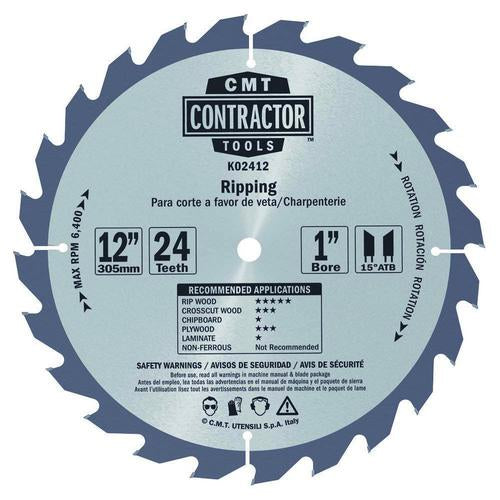 CMT K02412 ITK Contractor Saw Blade Ripping 12" x 1" T24 ATB