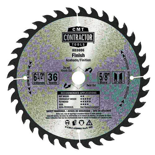 CMT K03606 ITK Contractor Saw Blade Finish 6-1/2" x 5/8" T36 ATB
