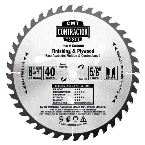 CMT K04008 ITK Contractor Saw Blade Finish 8-8-1/4" x 5/8" T40 ATB