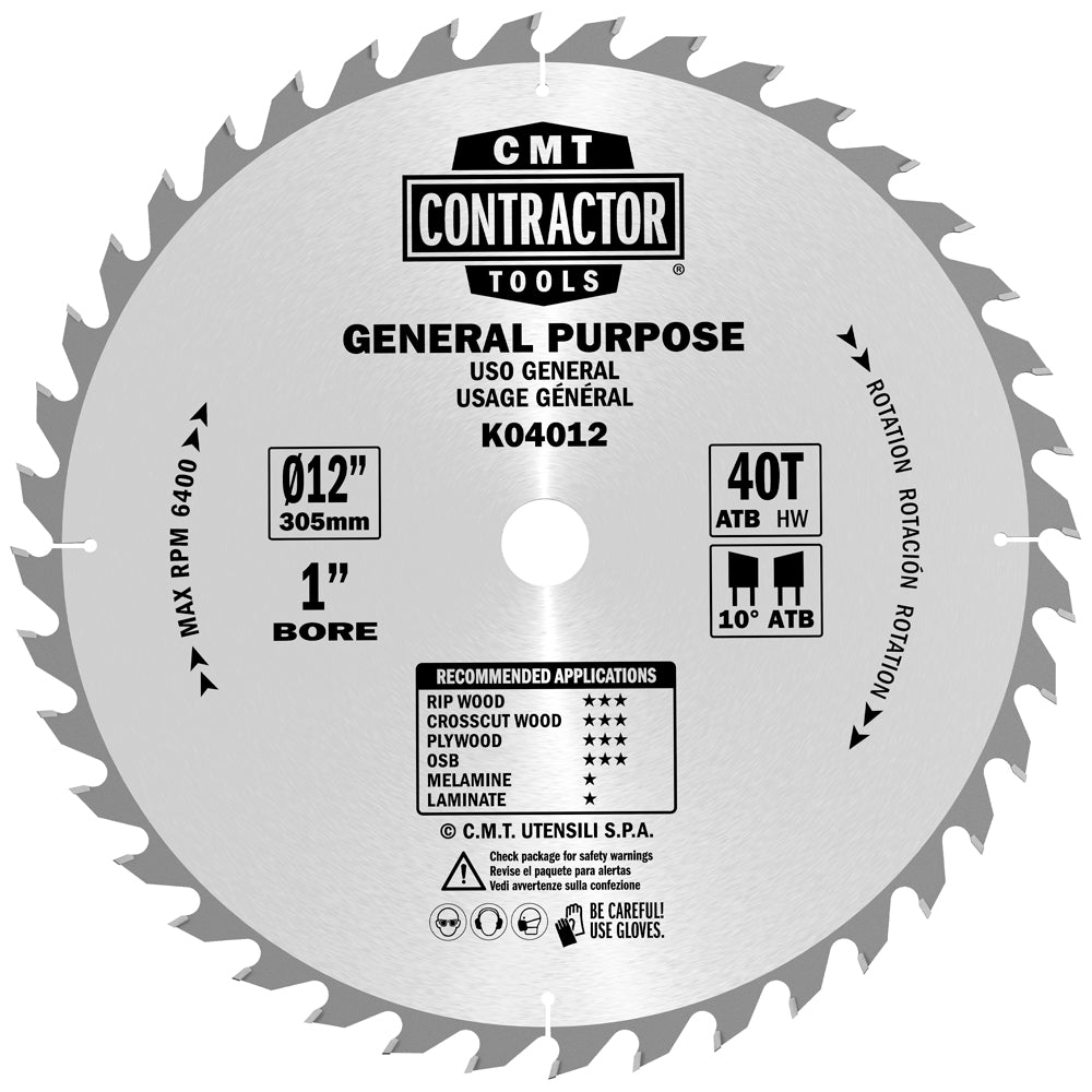 CMT K04012 ITK Contractor Saw Blade General Purpose 12" x 1" T40 ATB