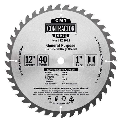 CMT K04012 ITK Contractor Saw Blade General Purpose 12" x 1" T40 ATB