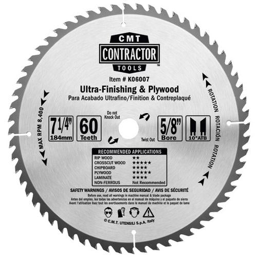 CMT K06007 ITK Contractor Saw Blade Ultra Finish 7-1/4" x 5/8" T60 ATB