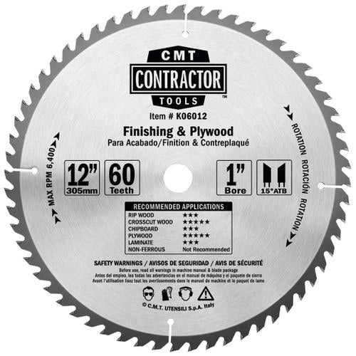 CMT K06012 ITK Contractor Saw Blade Finish 12" x 1" T60 ATB