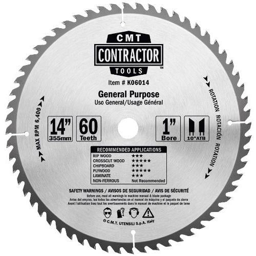 CMT K06014 ITK Contractor Saw Blade General Purpose 14" x 1" T60 ATB