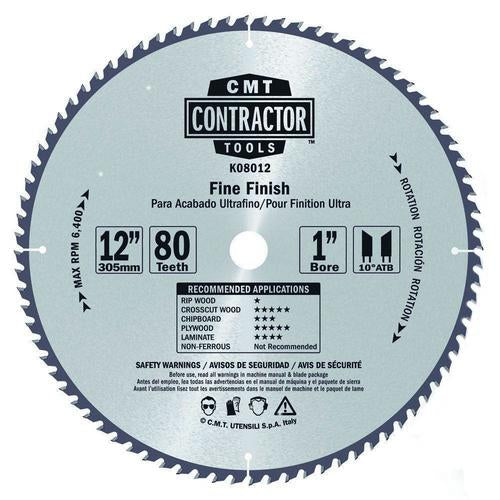 CMT K08012 ITK Contractor Saw Blade Fine Finish 12" x 1" T80 ATB