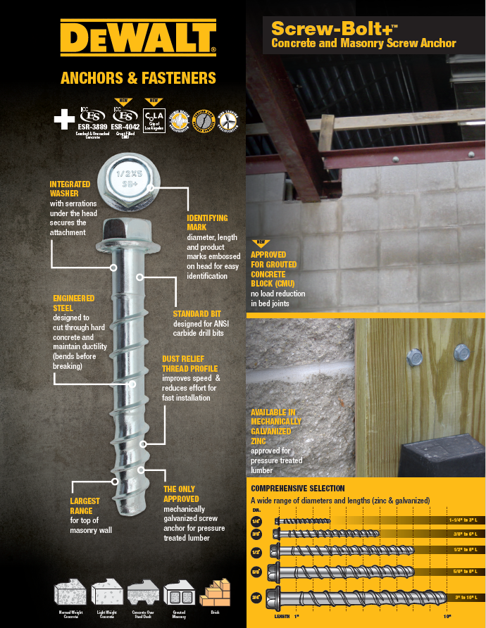 DeWALT-Powers Screw-Bolt+ Concrete and Masonry Screw Anchor