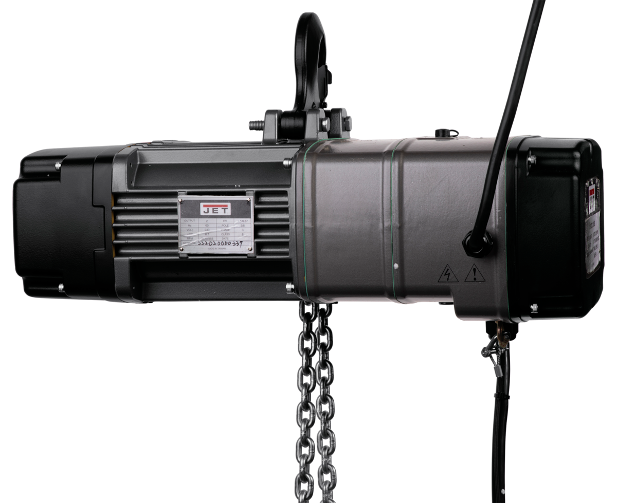 JET 1/2-Ton Two Speed Electric Chain Hoist 3-Ph 15' Lift / 2 Speed Trolley 3Ph & 4 Button Wired Pendant 11ft
