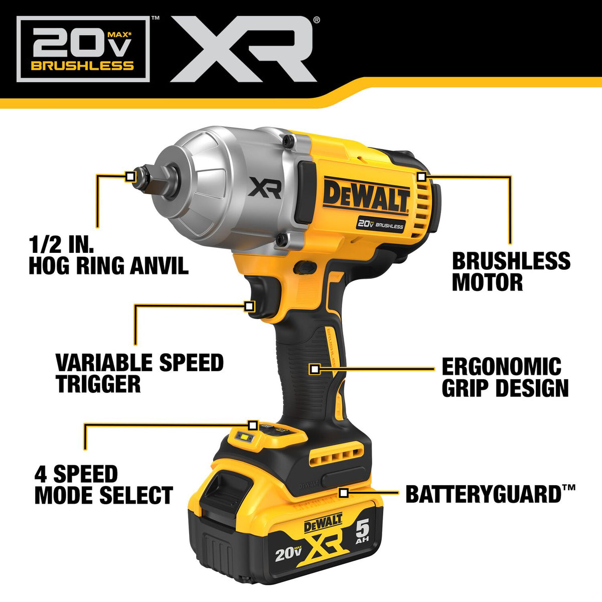 DeWALT 20V Max XR 1/2 in High Torque Impact Wrench with Hog Ring Anvil Wrench Kit DCF900P2