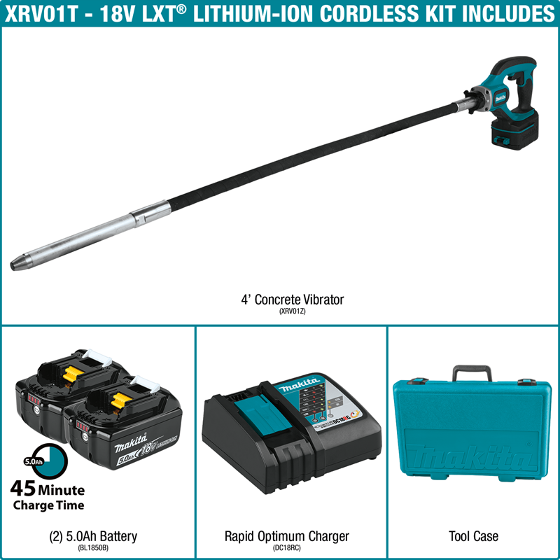 Makita 18V LXT 4' Concrete Vibrator Kit, case 5.0Ah