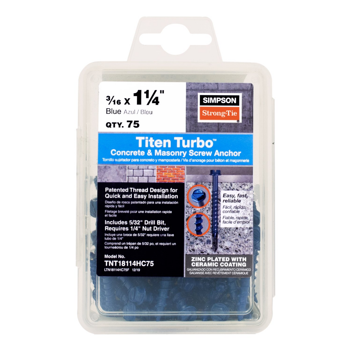 Simpson TNT18114HC75 3/16 x 1-1/4 Hex Titen Turbo Screw Anchor